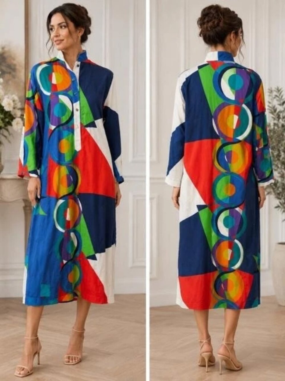 Catherine Ogust Penthouse Gallery Vintage Multi Color Cotton Midi Dress